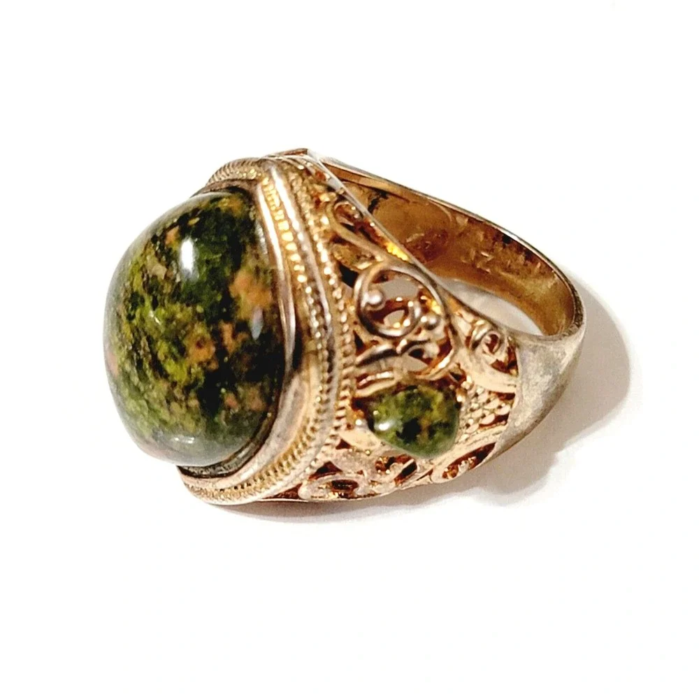 Vintage Rose Gold Green Agate Ornate Mogul Fashion Ring JZ China Size 8